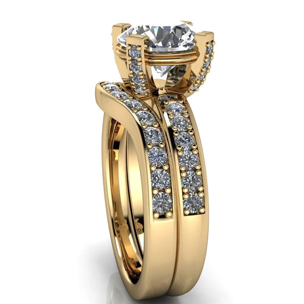 Emily Round Center Stone 4 Diamond Prongs Etched Wire Basket Setting with Diamond Sides Ring