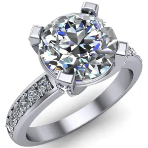 Emily Round Center Stone 4 Diamond Prongs Etched Wire Basket Setting with Diamond Sides Ring