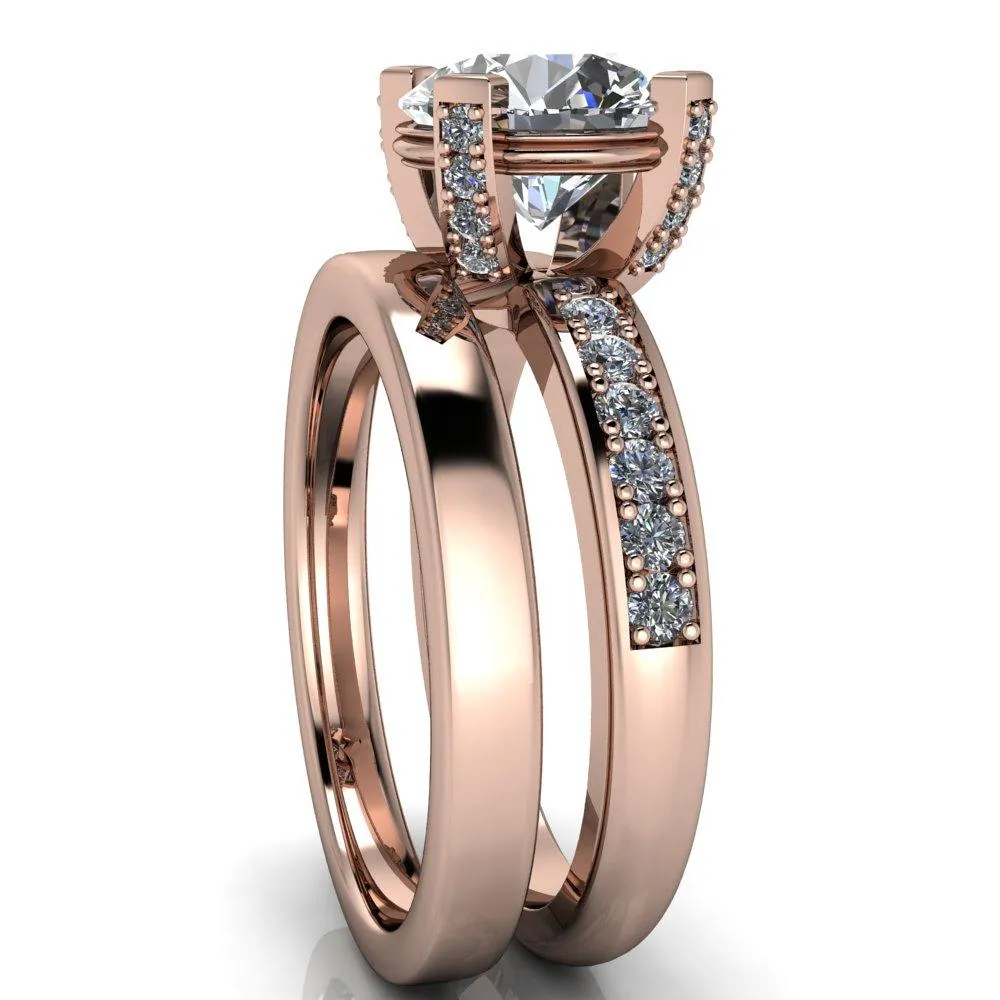 Emily Round Center Stone 4 Diamond Prongs Etched Wire Basket Setting with Diamond Sides Ring