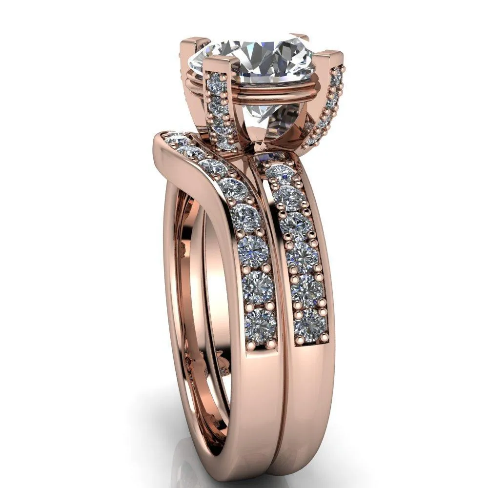 Emily Round Center Stone 4 Diamond Prongs Etched Wire Basket Setting with Diamond Sides Ring