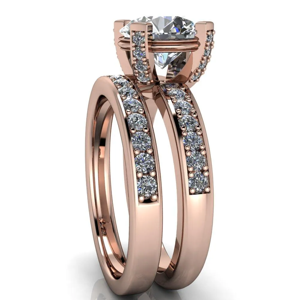 Emily Round Center Stone 4 Diamond Prongs Etched Wire Basket Setting with Diamond Sides Ring