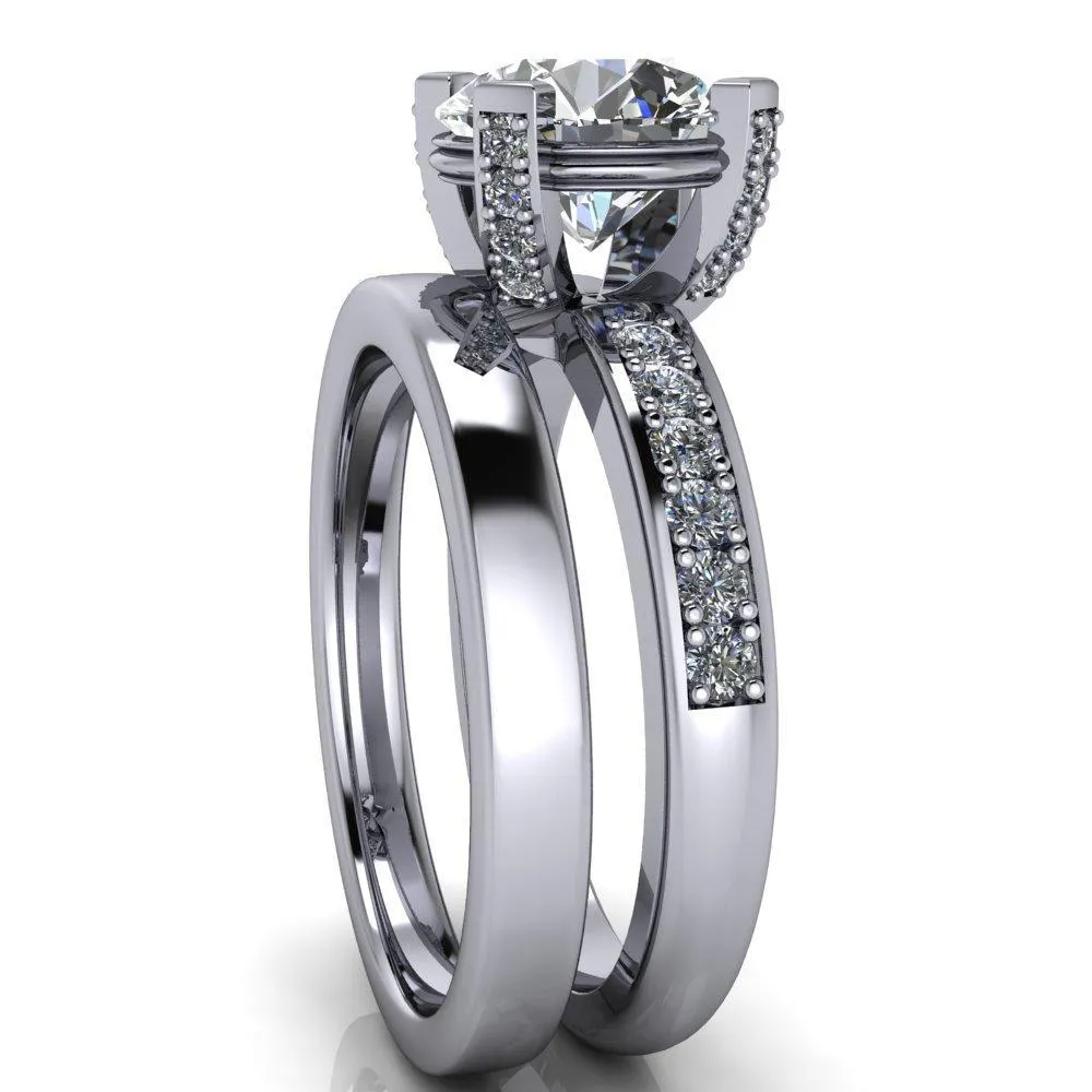 Emily Round Center Stone 4 Diamond Prongs Etched Wire Basket Setting with Diamond Sides Ring