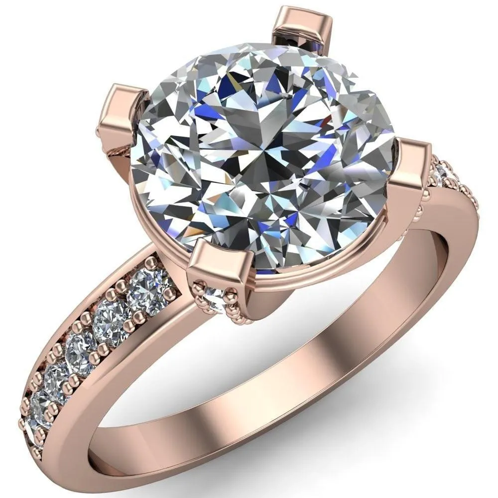 Emily Round Center Stone 4 Diamond Prongs Etched Wire Basket Setting with Diamond Sides Ring