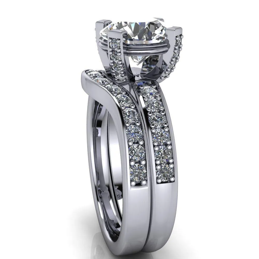 Emily Round Center Stone 4 Diamond Prongs Etched Wire Basket Setting with Diamond Sides Ring