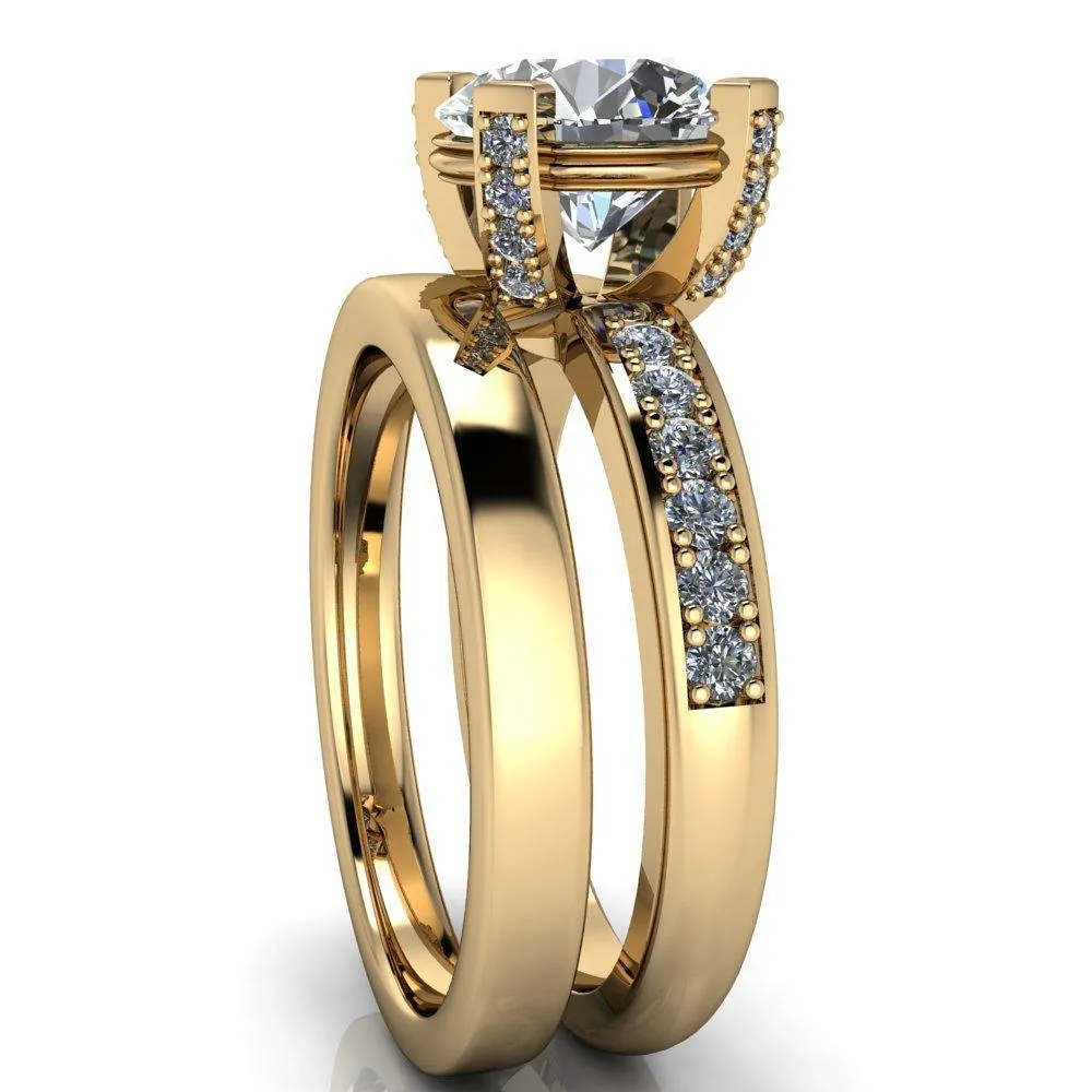 Emily Round Center Stone 4 Diamond Prongs Etched Wire Basket Setting with Diamond Sides Ring
