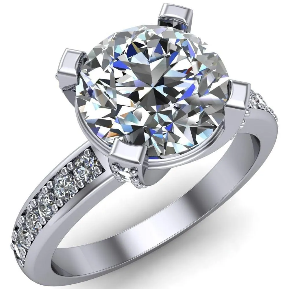Emily Round Center Stone 4 Diamond Prongs Etched Wire Basket Setting with Diamond Sides Ring