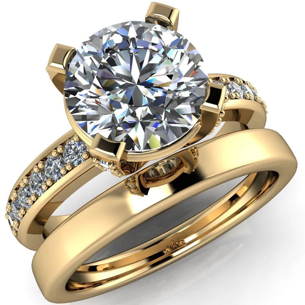 Emily Round Center Stone 4 Diamond Prongs Etched Wire Basket Setting with Diamond Sides Ring