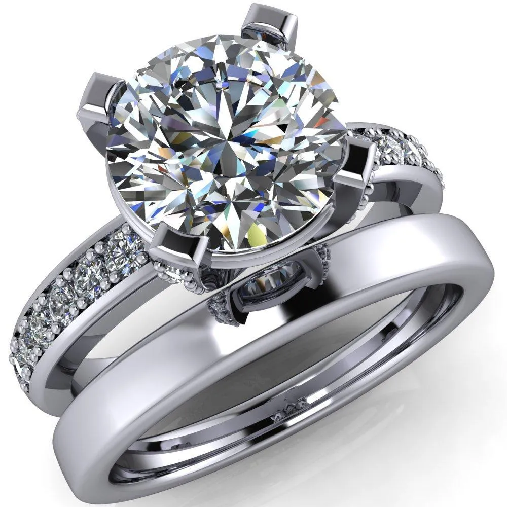 Emily Round Center Stone 4 Diamond Prongs Etched Wire Basket Setting with Diamond Sides Ring
