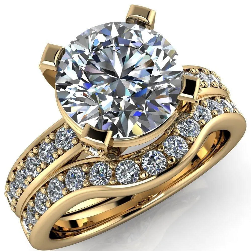 Emily Round Center Stone 4 Diamond Prongs Etched Wire Basket Setting with Diamond Sides Ring