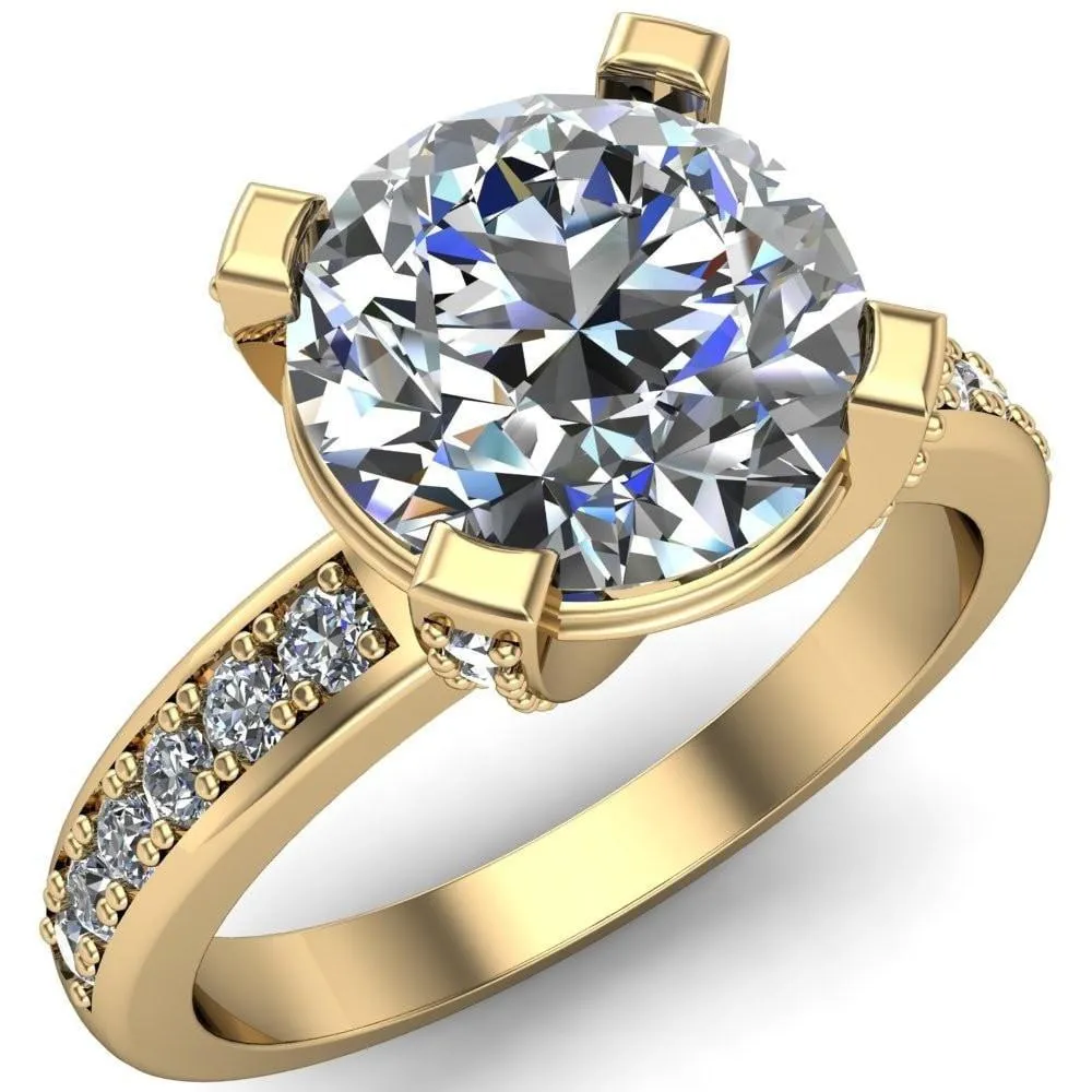 Emily Round Center Stone 4 Diamond Prongs Etched Wire Basket Setting with Diamond Sides Ring