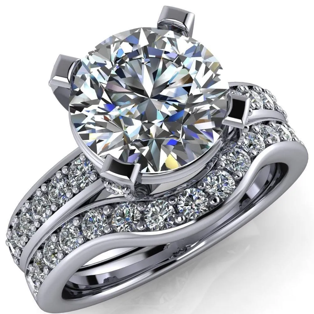 Emily Round Center Stone 4 Diamond Prongs Etched Wire Basket Setting with Diamond Sides Ring