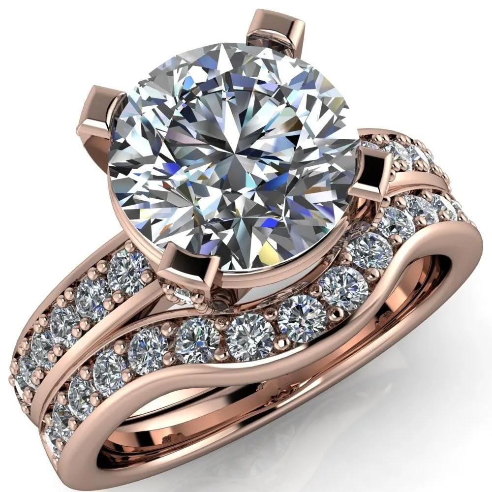 Emily Round Center Stone 4 Diamond Prongs Etched Wire Basket Setting with Diamond Sides Ring