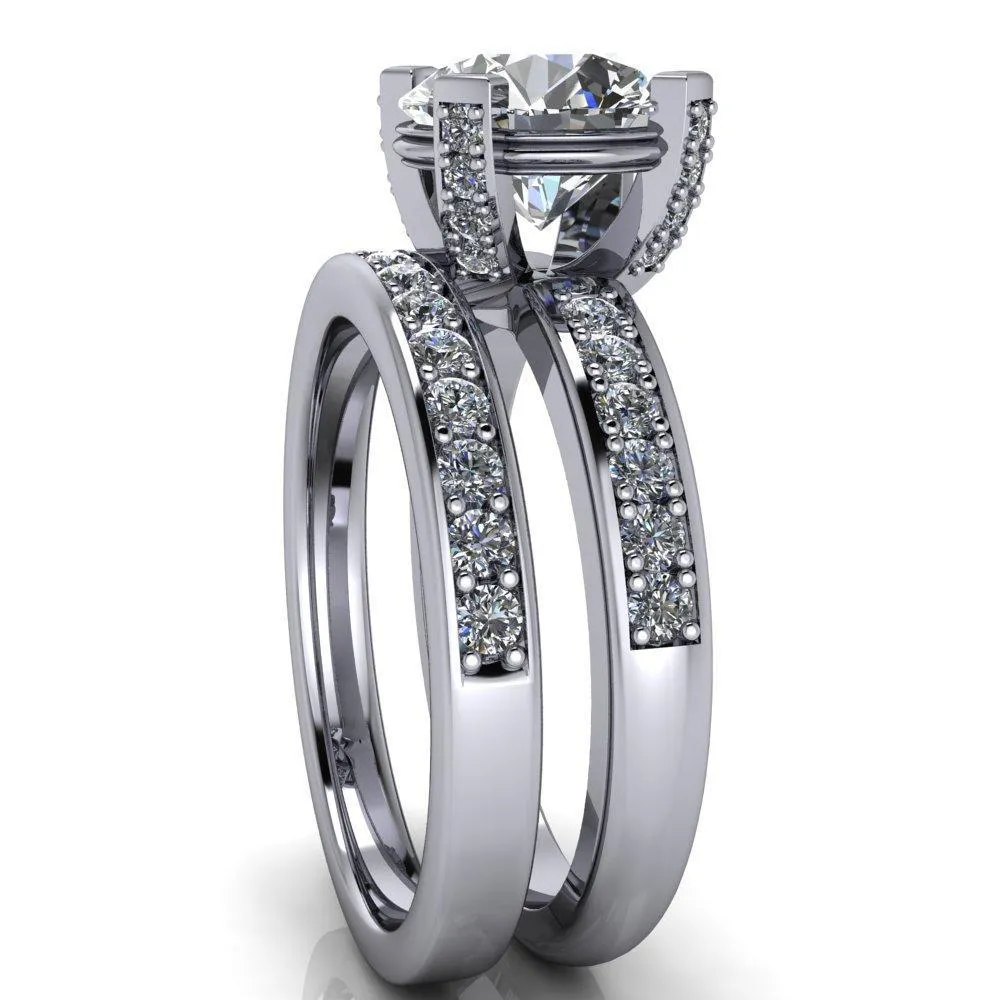 Emily Round Center Stone 4 Diamond Prongs Etched Wire Basket Setting with Diamond Sides Ring