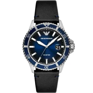 Emporio Armani Diver Black Leather Strap Blue Dial Quartz Watch for Gents - AR11516