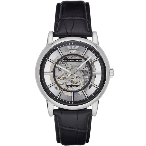 Emporio Armani Meccanico Blue Leather Strap Skeleton Dial Automatic Watch for Gents - AR1981