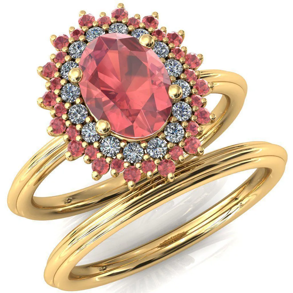 Eridanus Oval Padparadscha Sapphire Cluster Diamond and Padparadscha Sapphire Halo Wedding Ring ver.2