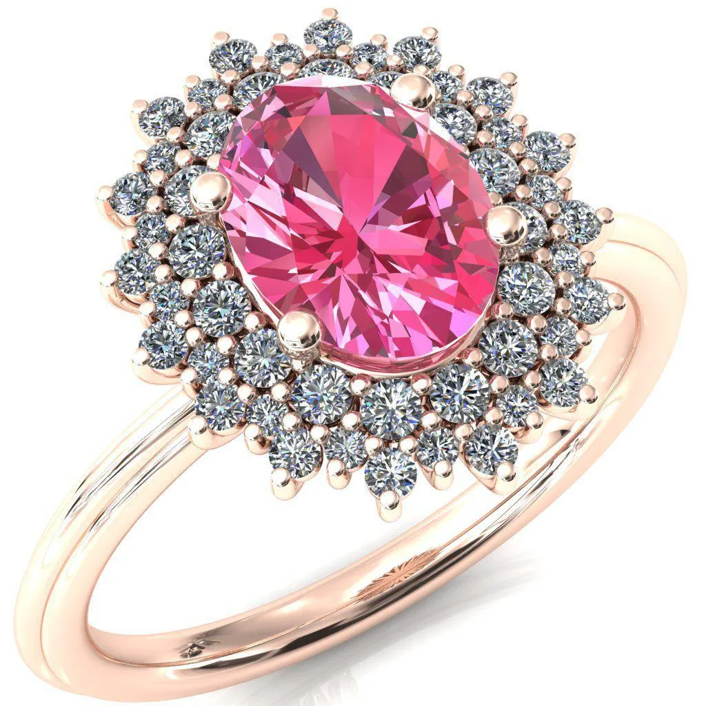 Eridanus Oval Pink Sapphire 4 Prong Diamond Cluster Halo Engagement Ring