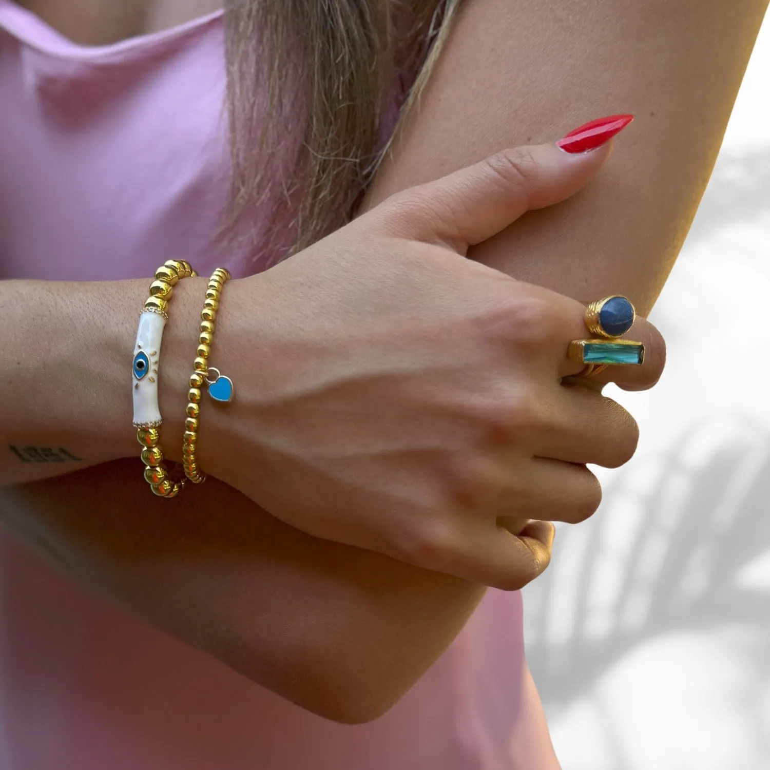 Evil Eye & Love Gold Beaded Bracelet Set