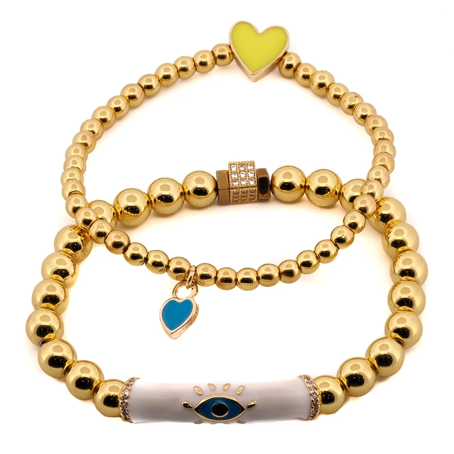 Evil Eye & Love Gold Beaded Bracelet Set