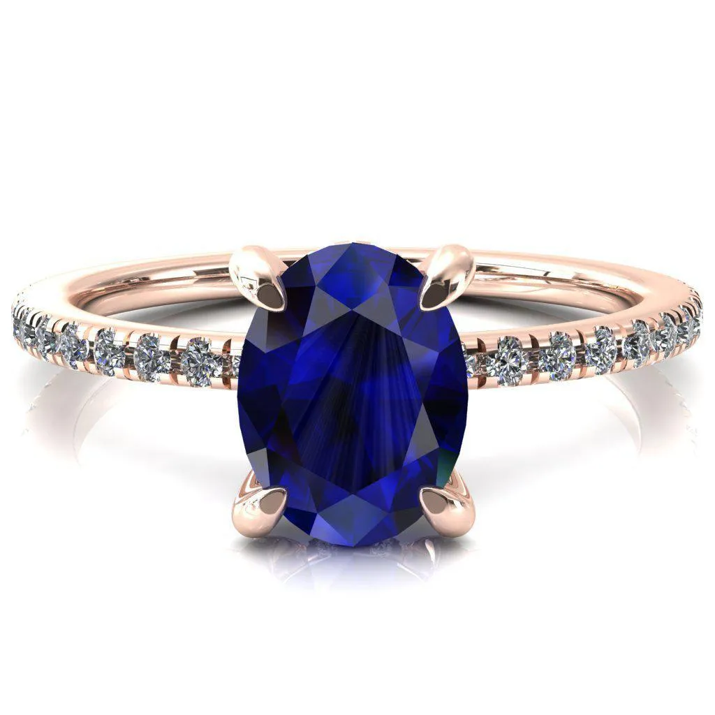 Ezili Oval Blue Sapphire 4 Claw Prong Micro Pave Diamond Sides Engagement Ring