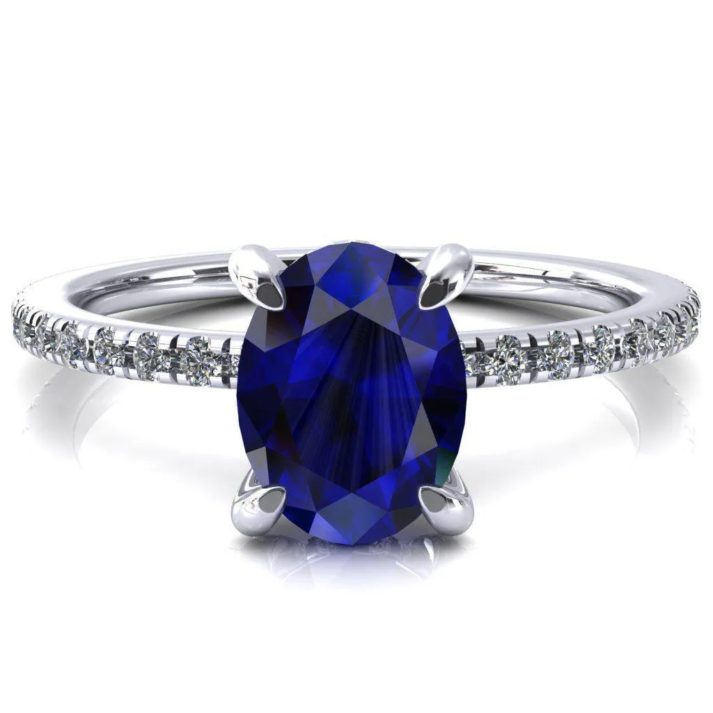 Ezili Oval Blue Sapphire 4 Claw Prong Micro Pave Diamond Sides Engagement Ring