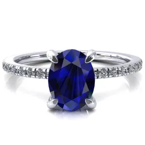 Ezili Oval Blue Sapphire 4 Claw Prong Micro Pave Diamond Sides Engagement Ring