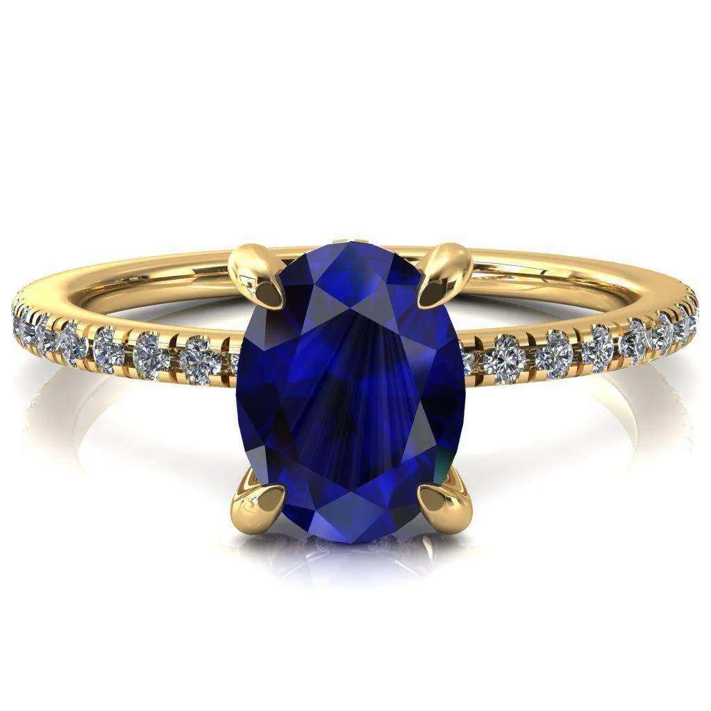 Ezili Oval Blue Sapphire 4 Claw Prong Micro Pave Diamond Sides Engagement Ring