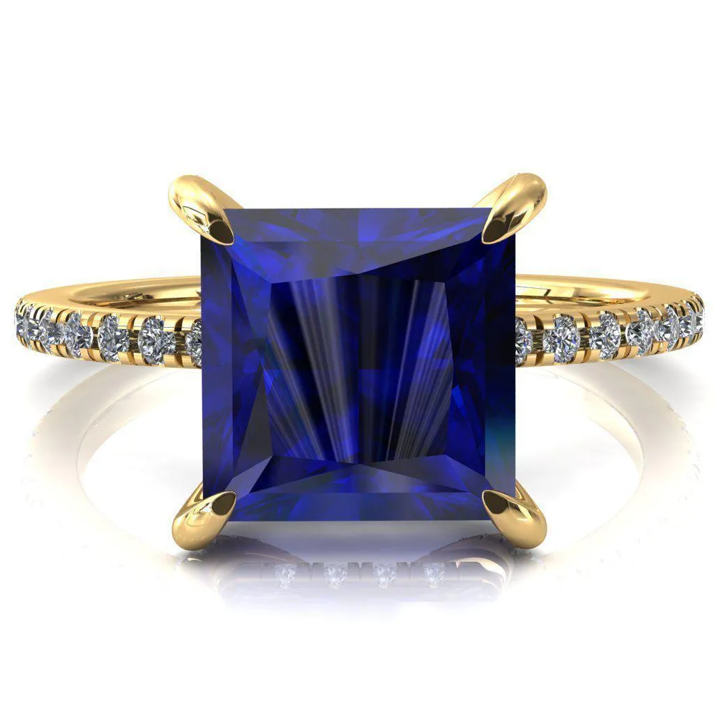 Ezili Princess Blue Sapphire 4 Claw Prong Micro Pave Diamond Sides Engagement Ring