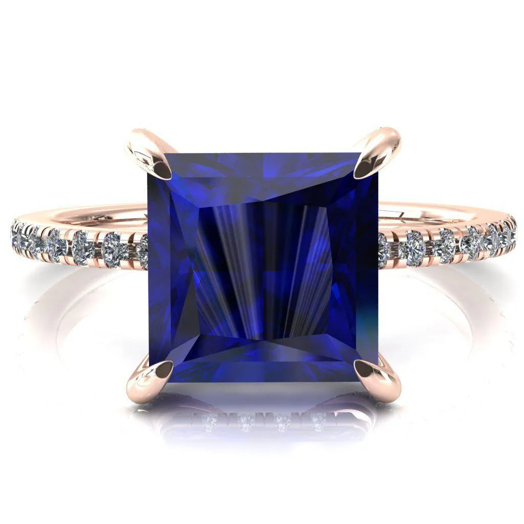 Ezili Princess Blue Sapphire 4 Claw Prong Micro Pave Diamond Sides Engagement Ring