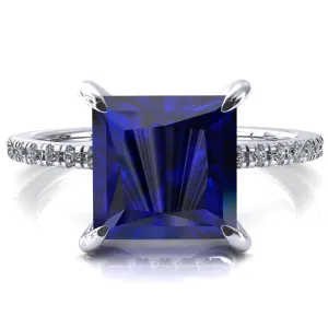 Ezili Princess Blue Sapphire 4 Claw Prong Micro Pave Diamond Sides Engagement Ring