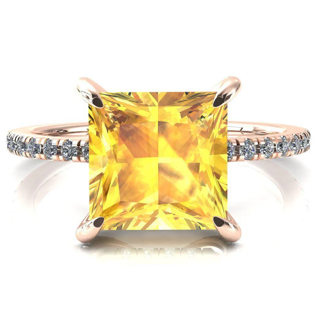 Ezili Princess Yellow Sapphire 4 Claw Prong Micro Pave Diamond Sides Engagement Ring