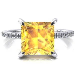 Ezili Princess Yellow Sapphire 4 Claw Prong Micro Pave Diamond Sides Engagement Ring