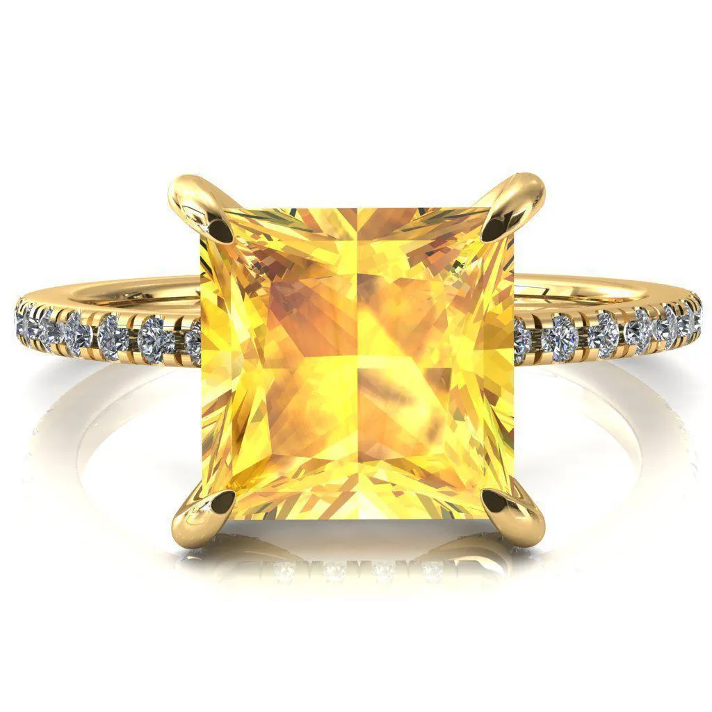 Ezili Princess Yellow Sapphire 4 Claw Prong Micro Pave Diamond Sides Engagement Ring