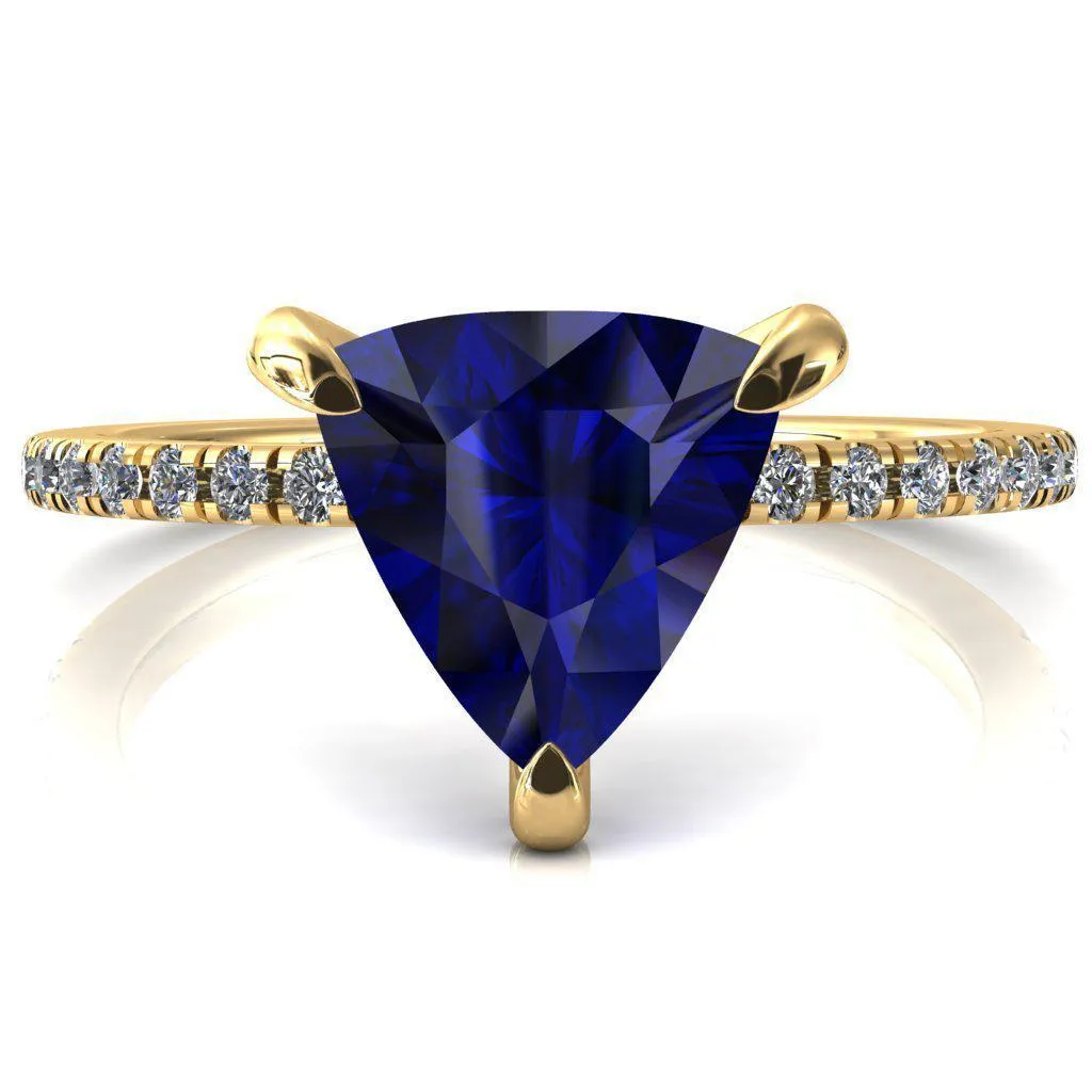 Ezili Trillion Blue Sapphire 3 Claw Prong Micro Pave Diamond Sides Engagement Ring