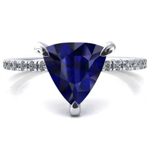 Ezili Trillion Blue Sapphire 3 Claw Prong Micro Pave Diamond Sides Engagement Ring