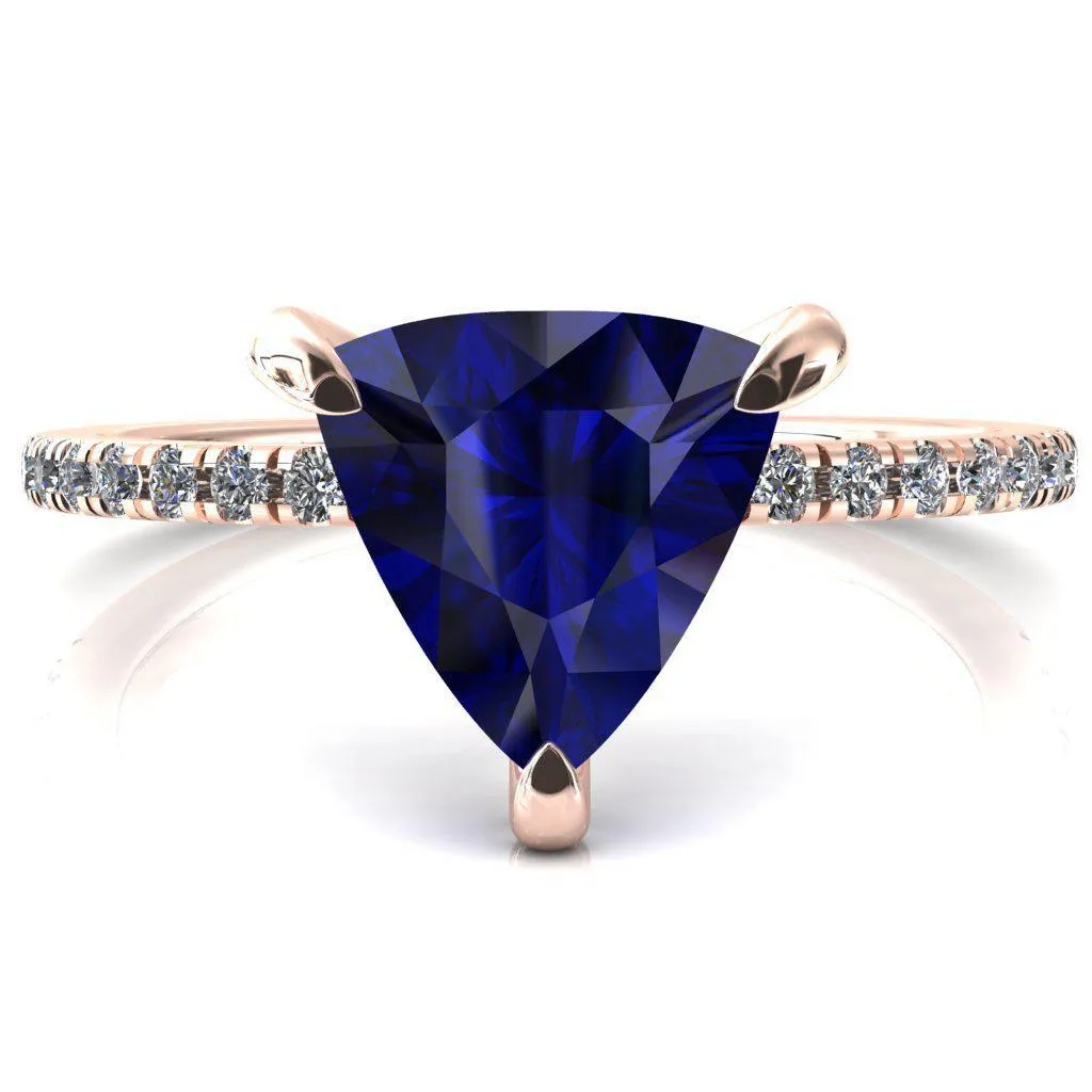 Ezili Trillion Blue Sapphire 3 Claw Prong Micro Pave Diamond Sides Engagement Ring