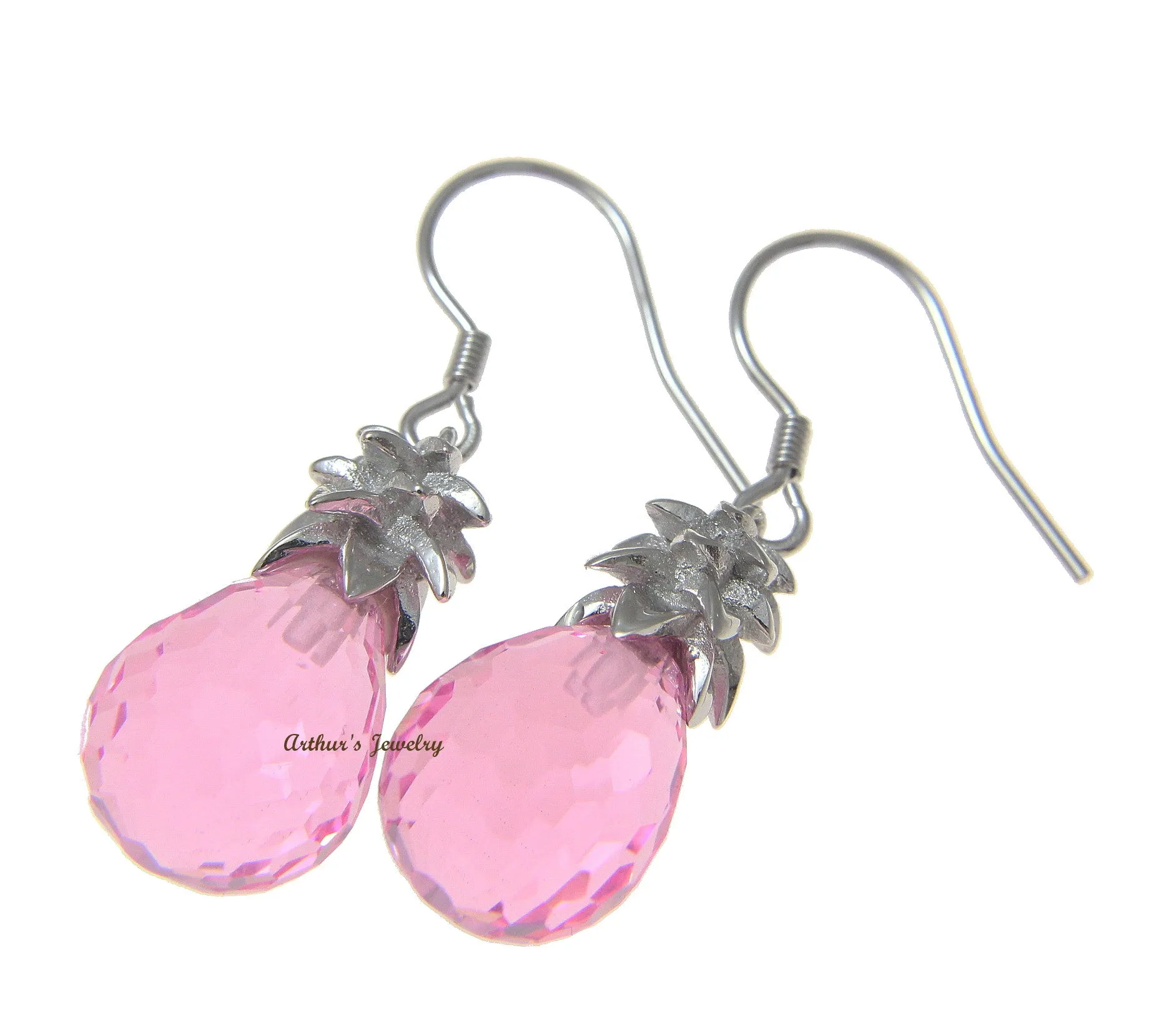 FACETED PINK CRYSTAL HAWAIIAN PINEAPPLE HOOK EARRINGS 925 STERLING SILVER 10MM
