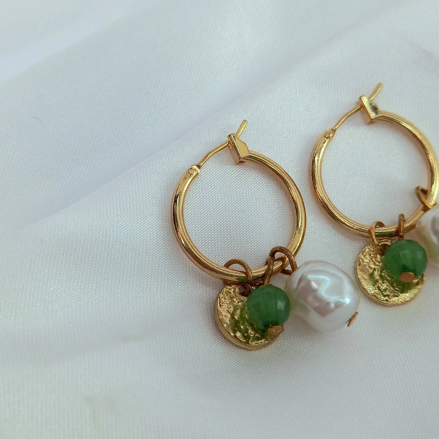 Faux Pearl Hoop Earrings - Pearl Jewellery,Pearl Earrings,Gold Hoops,Gold Hoop Earrings In The UK,Green Bead Earrings,Green Bead Jewellery