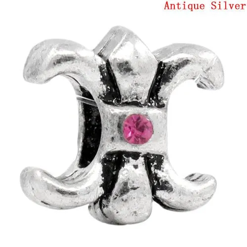 Fleur de Lis W/Pink  Crystals Charm European Bead Compatible for Most European Snake Chain Bracelet