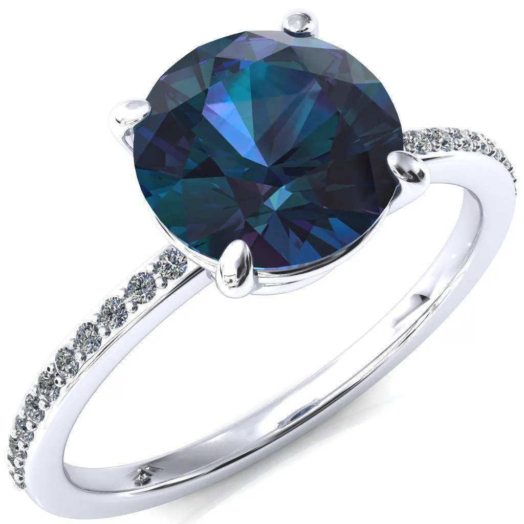 Flora Round Alexandrite 4 Prong 1/2 Bead Eternity Diamond Accent Engagement Ring