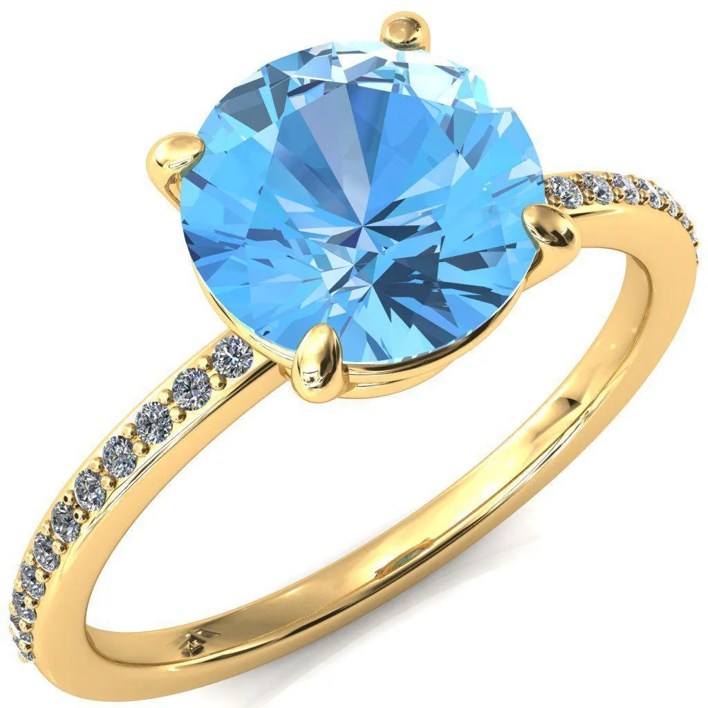 Flora Round Aqua Blue Spinel 4 Prong 1/2 Bead Eternity Diamond Accent Engagement Ring