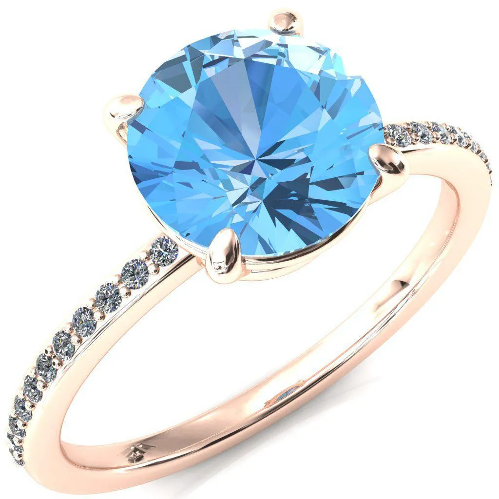 Flora Round Aqua Blue Spinel 4 Prong 1/2 Bead Eternity Diamond Accent Engagement Ring