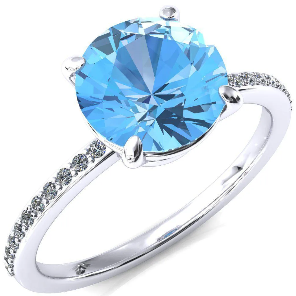 Flora Round Aqua Blue Spinel 4 Prong 1/2 Bead Eternity Diamond Accent Engagement Ring