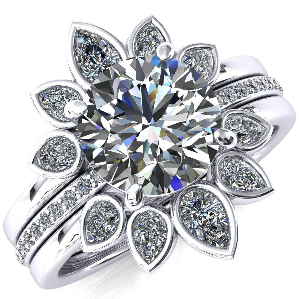 Flora Round Center Stone 4 Prong 1/2 Bead Eternity Diamond Accent Engagement Ring