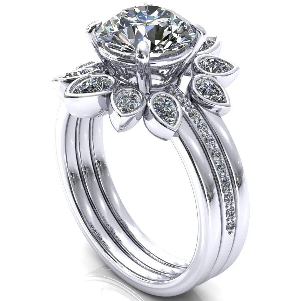 Flora Round Center Stone 4 Prong 1/2 Bead Eternity Diamond Accent Engagement Ring