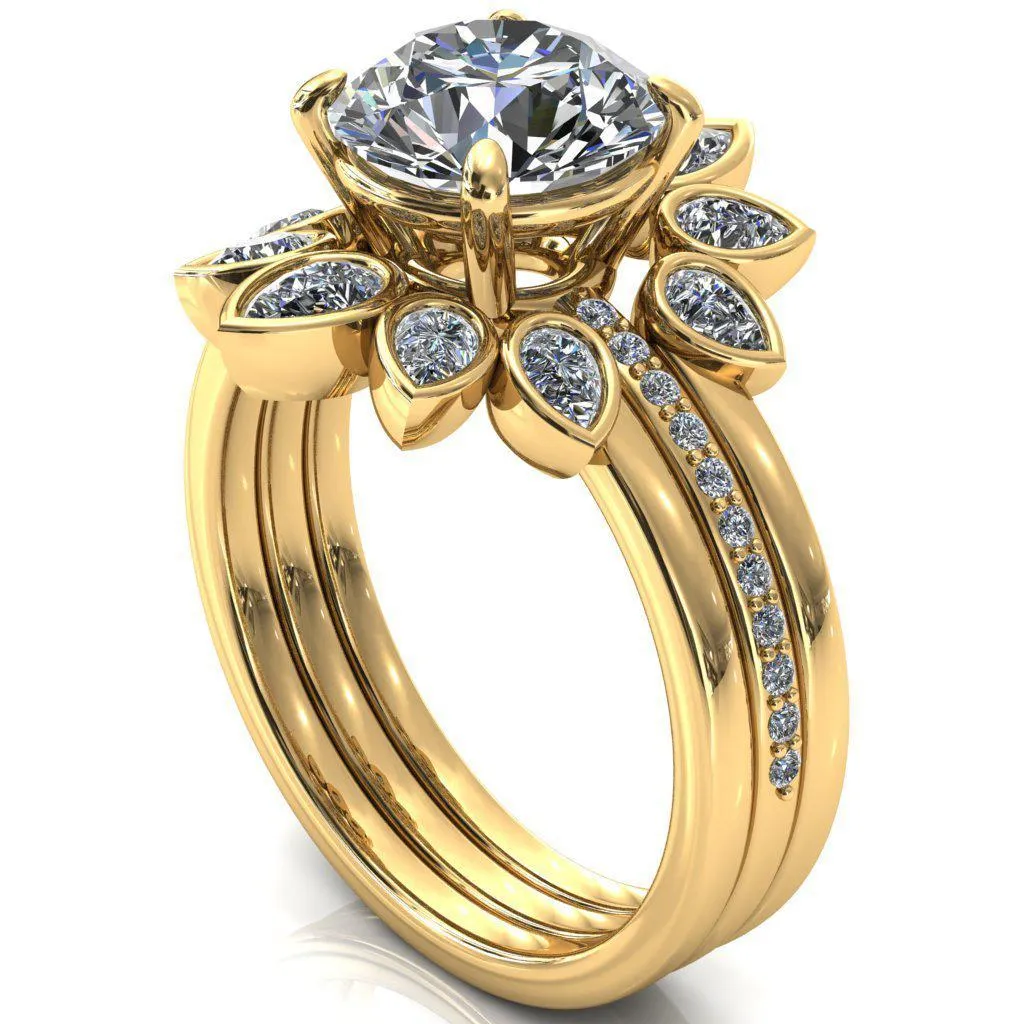 Flora Round Center Stone 4 Prong 1/2 Bead Eternity Diamond Accent Engagement Ring