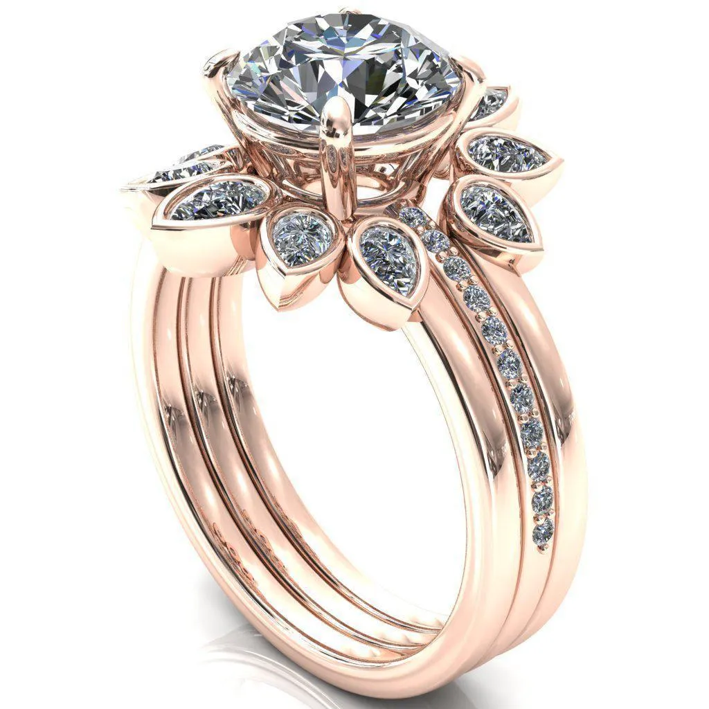 Flora Round Center Stone 4 Prong 1/2 Bead Eternity Diamond Accent Engagement Ring