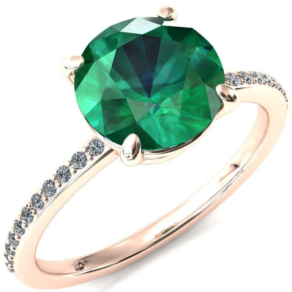 Flora Round Emerald 4 Prong 1/2 Bead Eternity Diamond Accent Engagement Ring