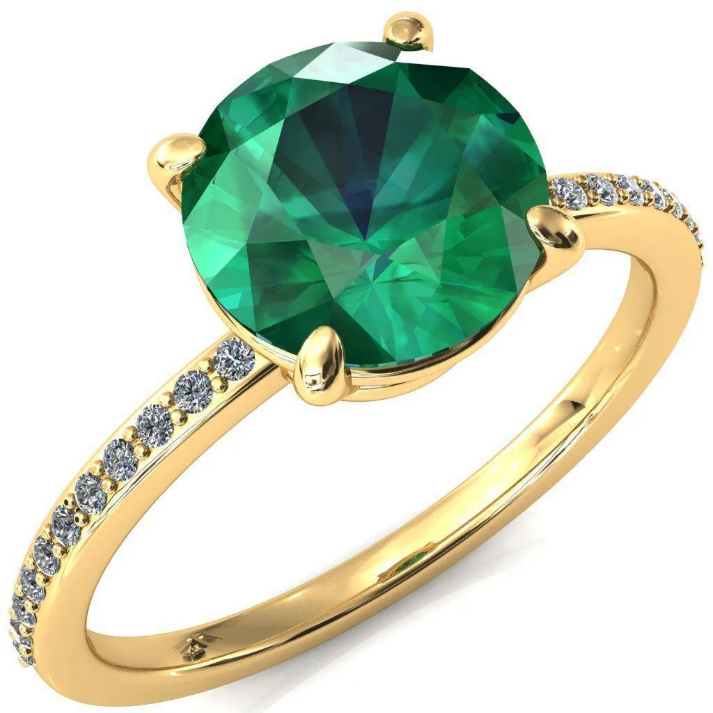 Flora Round Emerald 4 Prong 1/2 Bead Eternity Diamond Accent Engagement Ring