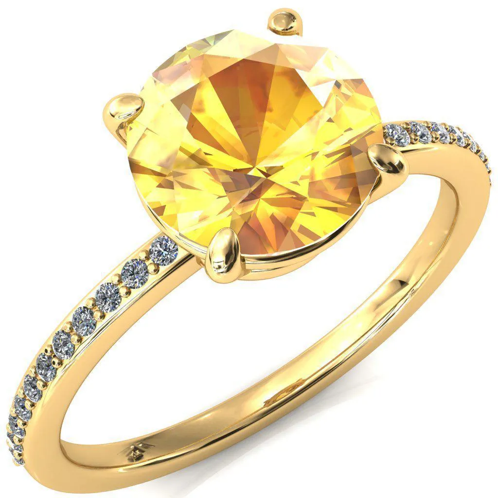 Flora Round Yellow Sapphire 4 Prong 1/2 Bead Eternity Diamond Accent Engagement Ring